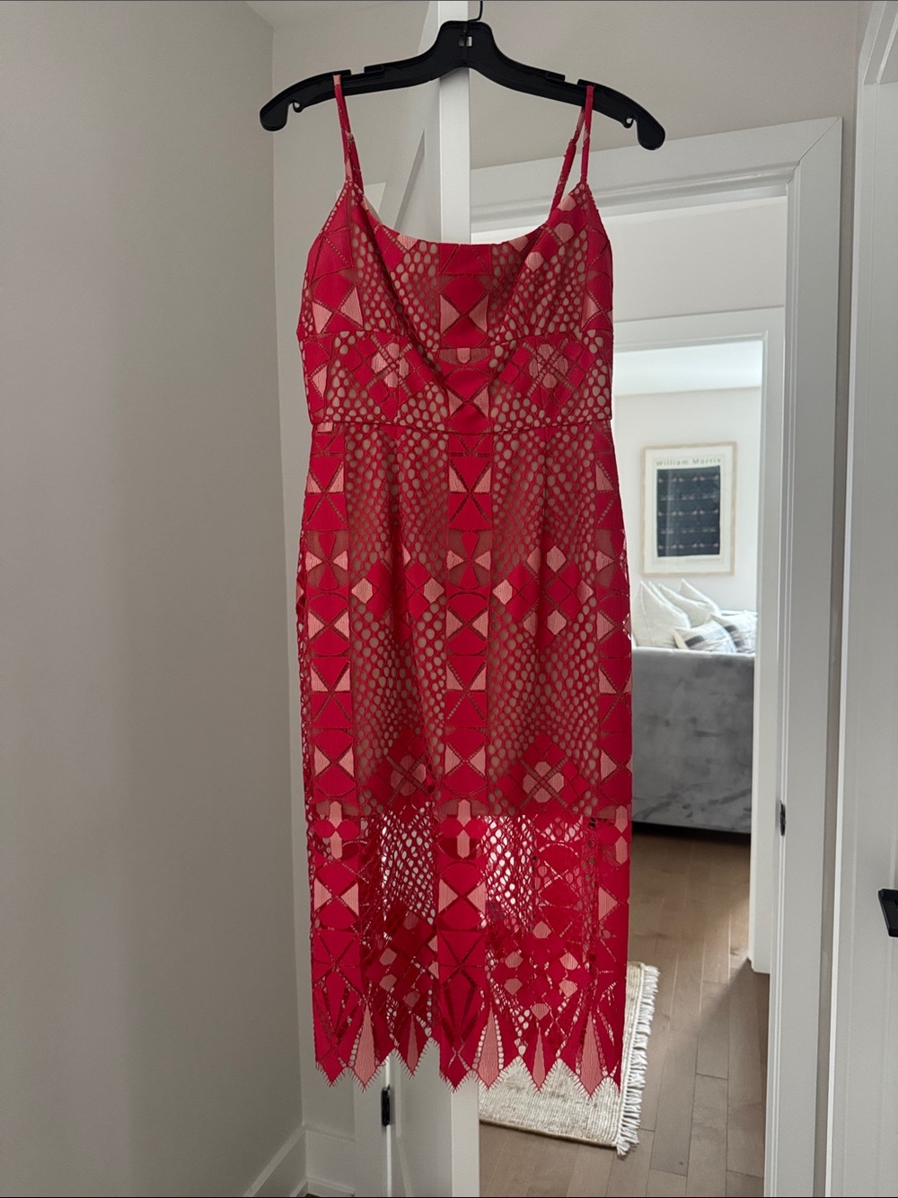 BCBG Lace Midi Dress with Geometric Cutwork